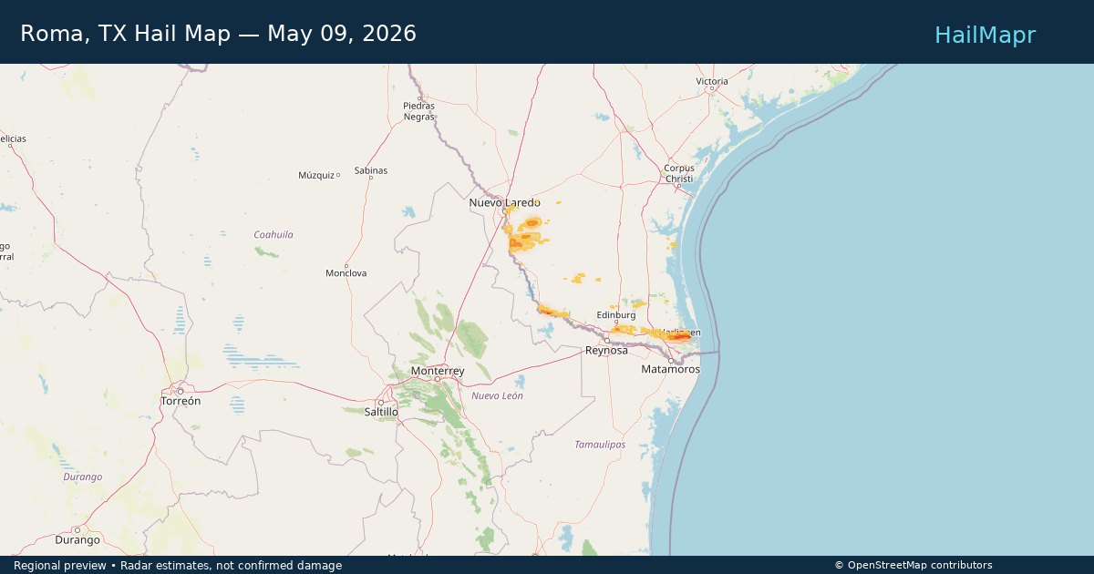 Roma, TX — May 09, 2026 — regional hail footprint preview