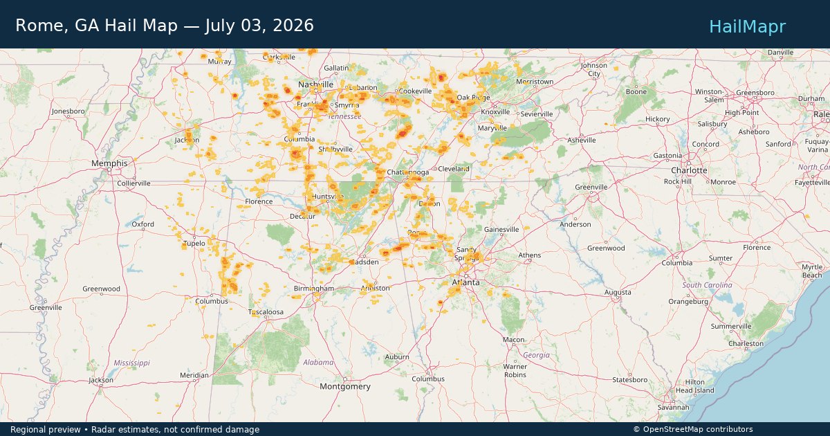 Rome, GA Hail Map — July 03, 2026 — regional heatmap and storm polygons