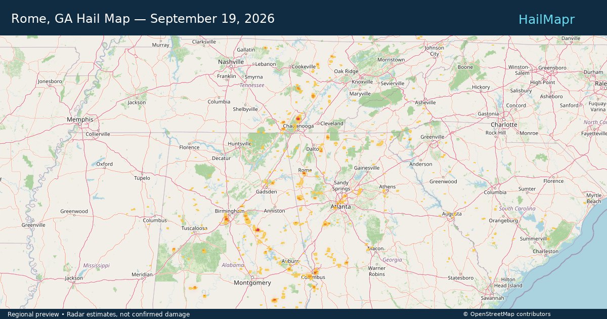 Rome, GA Hail Map — September 19, 2026 — regional heatmap and storm polygons