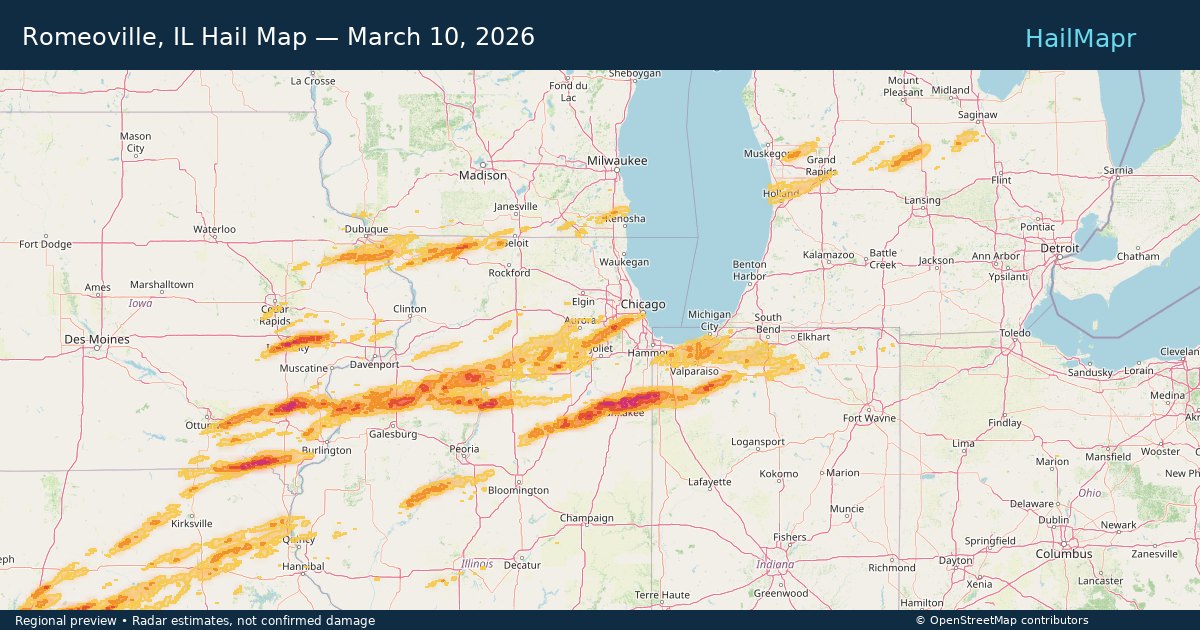 Romeoville, IL Hail Map — March 10, 2026 — regional heatmap and storm polygons