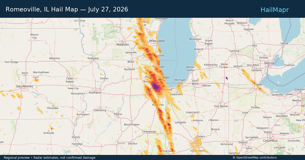 Romeoville, IL Hail Map — July 27, 2026 — regional heatmap and storm polygons
