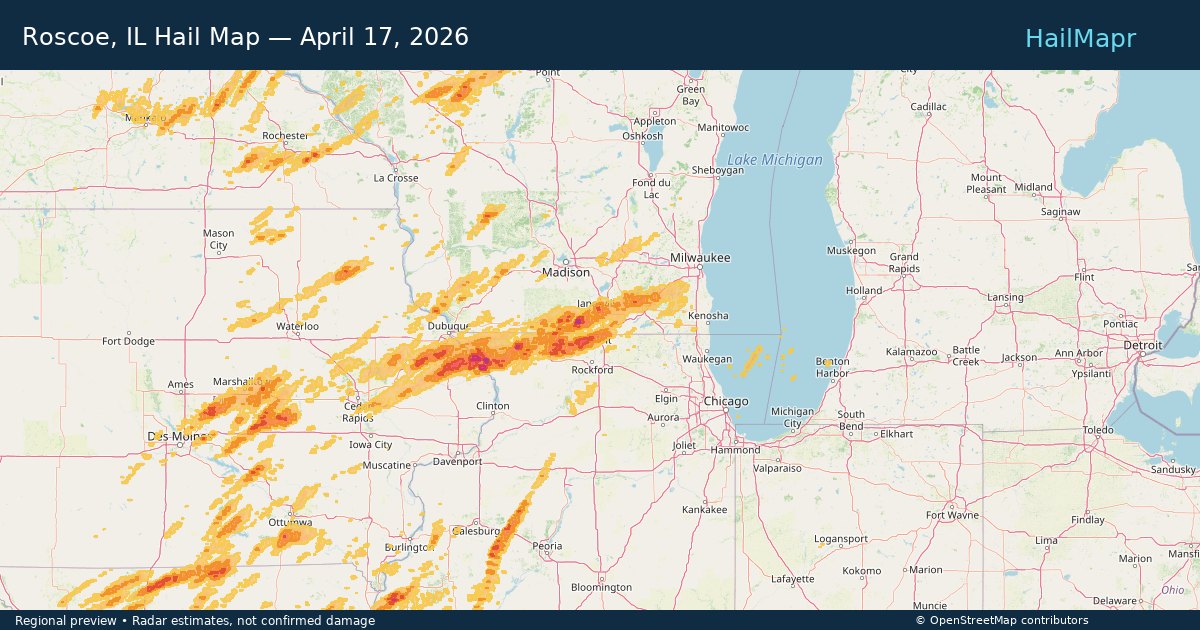 Roscoe, IL — April 17, 2026 — regional hail footprint preview
