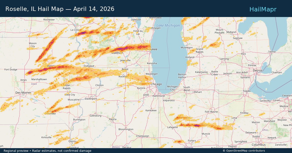 Roselle, IL Hail Map — April 14, 2026 — regional heatmap and storm polygons