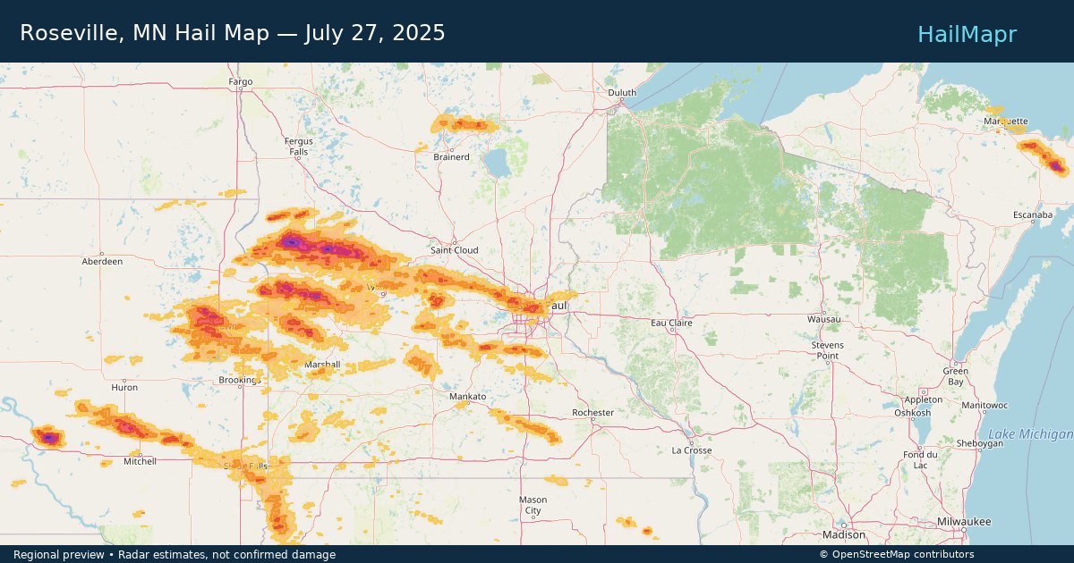 Roseville, MN Hail Map — July 27, 2025 — regional heatmap and storm polygons