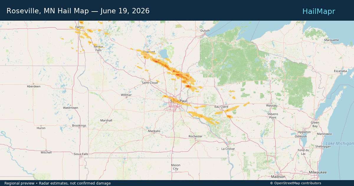 Roseville, MN Hail Map — June 19, 2026 — regional heatmap and storm polygons