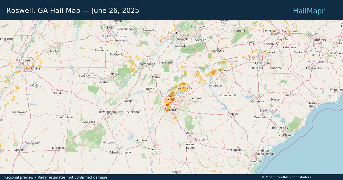 Roswell, GA Hail Map — June 26, 2025 — regional heatmap and storm polygons