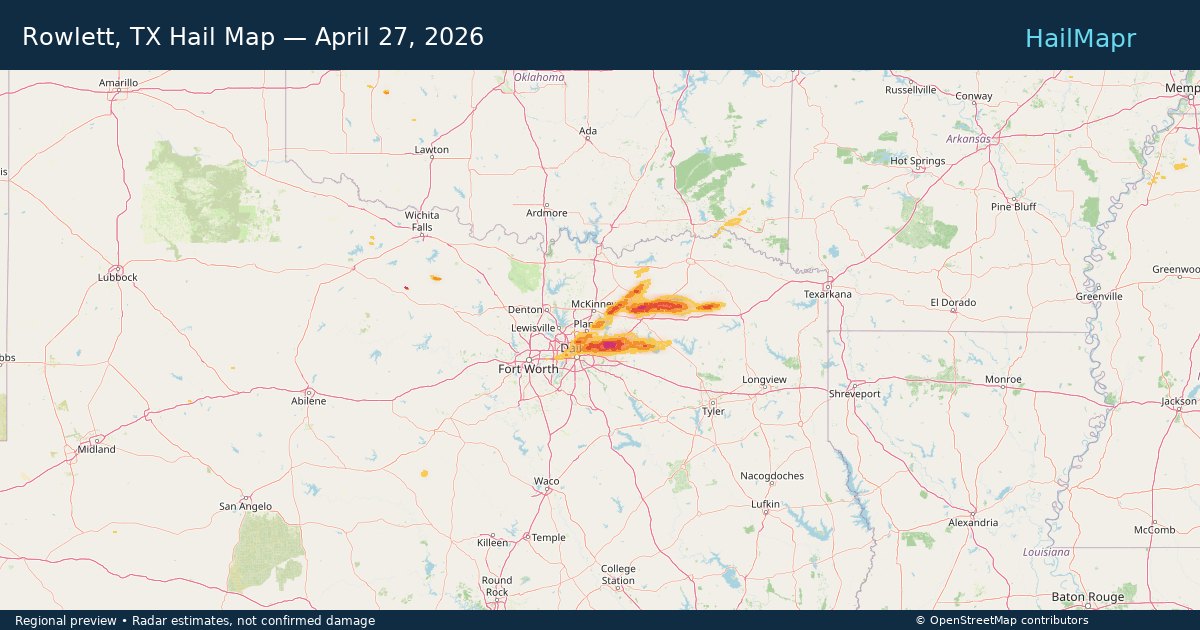 Rowlett, TX Hail Map — April 27, 2026 — regional heatmap and storm polygons
