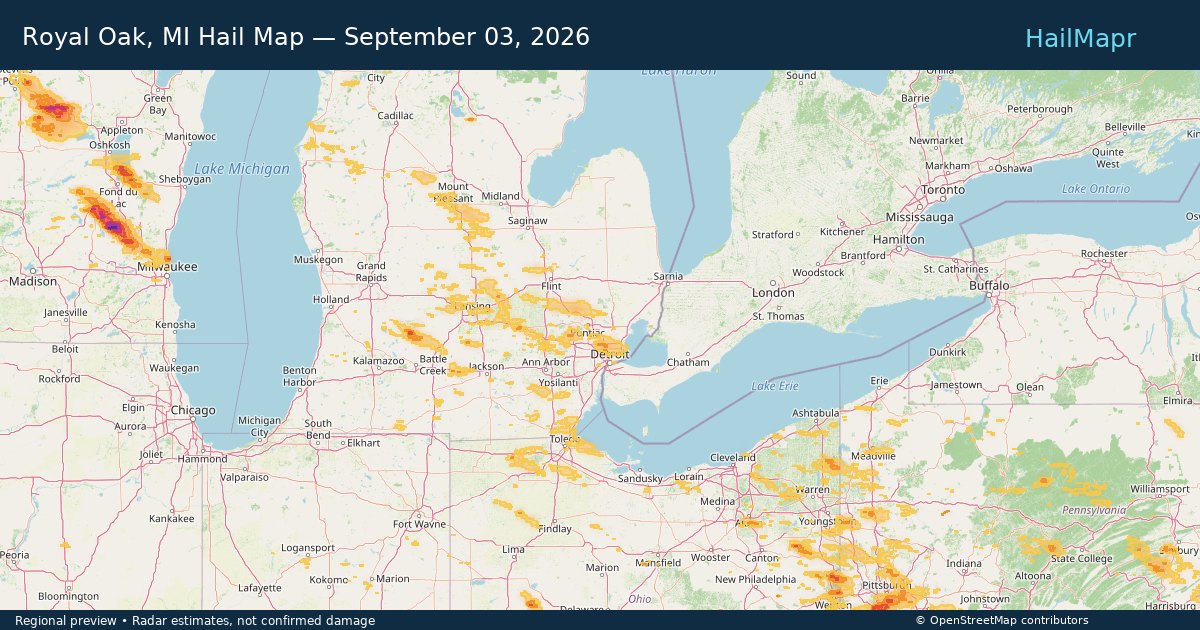 Royal Oak, MI Hail Map — September 03, 2026 — regional heatmap and storm polygons