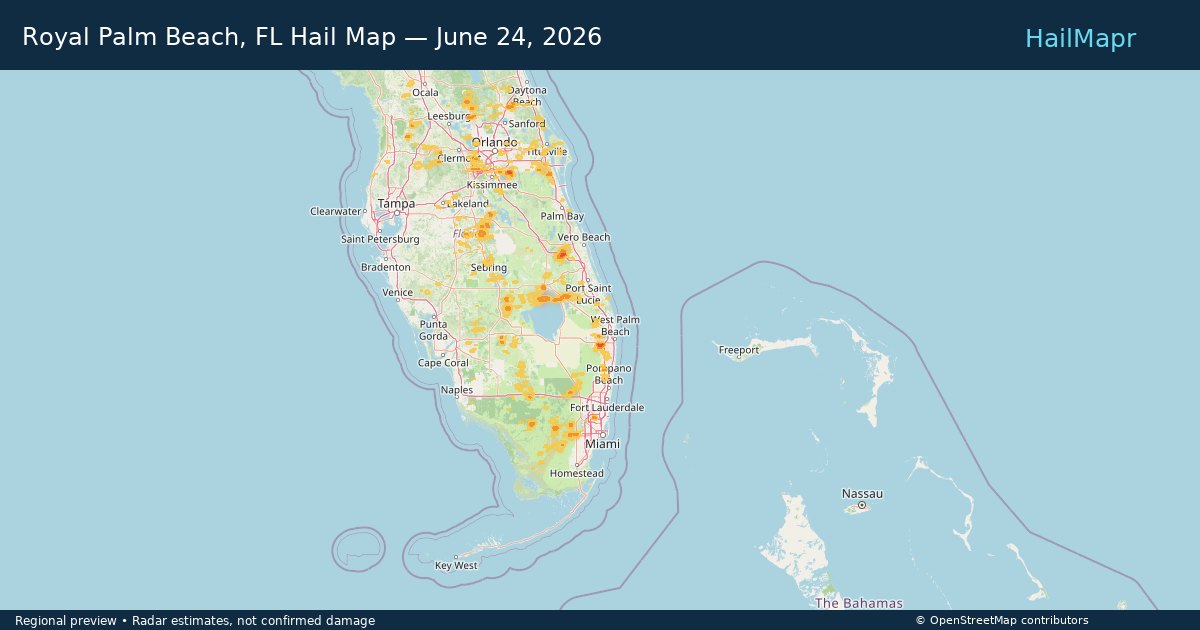 Royal Palm Beach, FL Hail Map — June 24, 2026 — regional heatmap and storm polygons