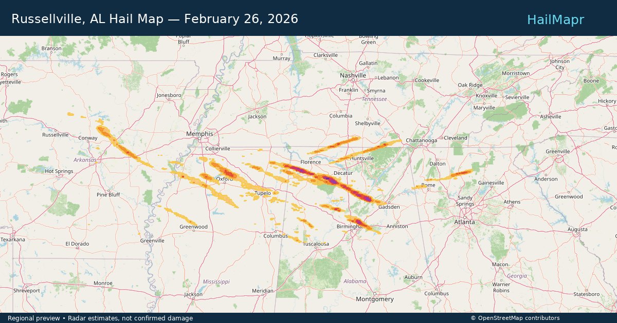 Russellville, AL Hail Map — February 26, 2026 — regional heatmap and storm polygons