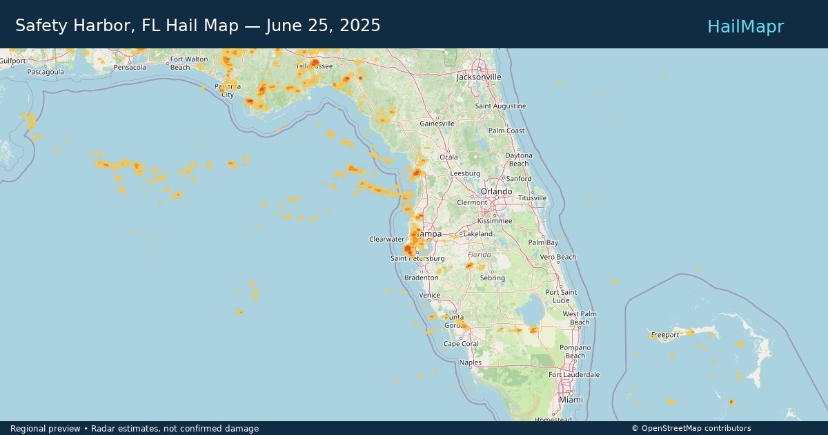 Safety Harbor, FL Hail Map — June 25, 2025 — regional heatmap and storm polygons