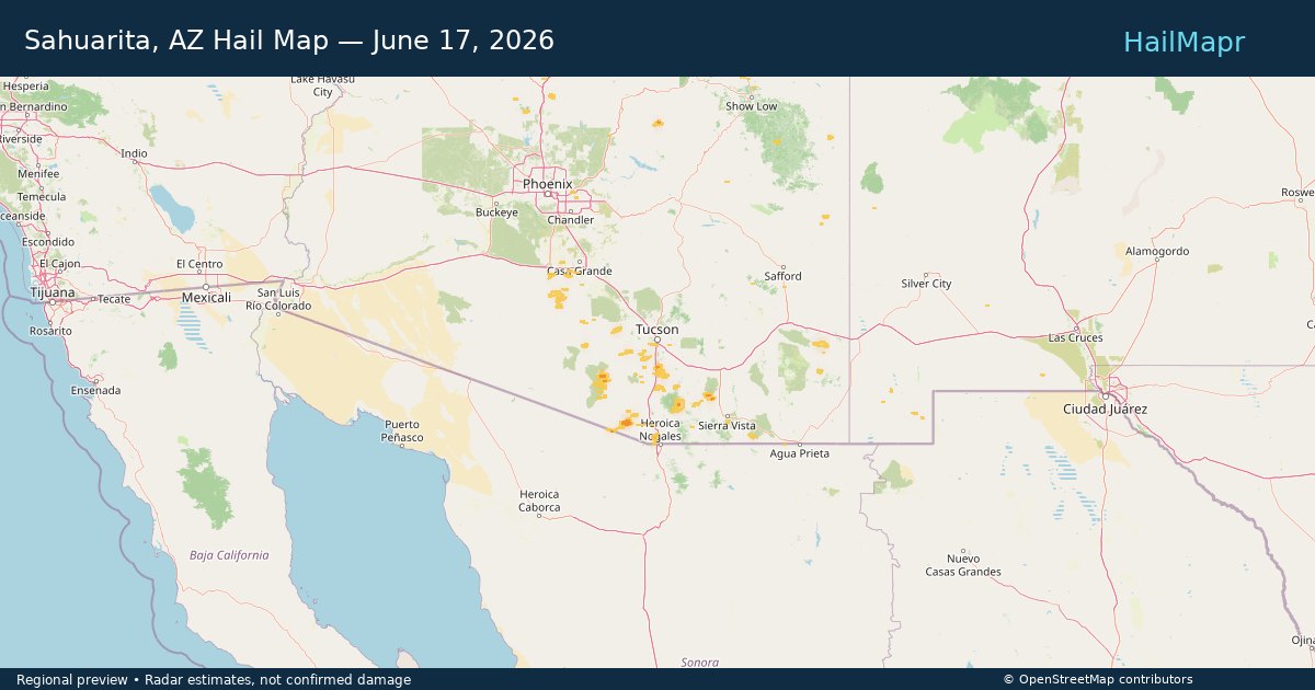 Sahuarita, AZ Hail Map — June 17, 2026 — regional heatmap and storm polygons