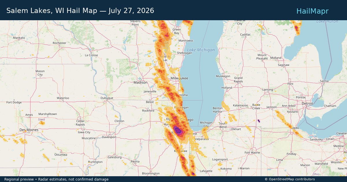 Salem Lakes, WI Hail Map — July 27, 2026 — regional heatmap and storm polygons