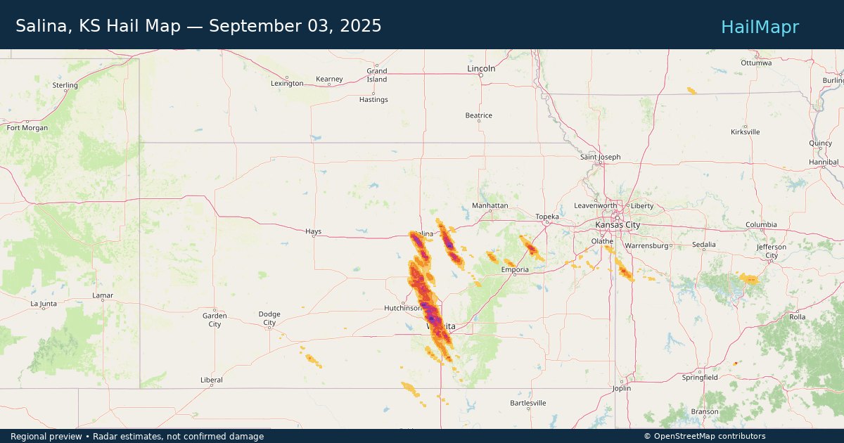 Salina, KS Hail Map — September 03, 2025 — regional heatmap and storm polygons