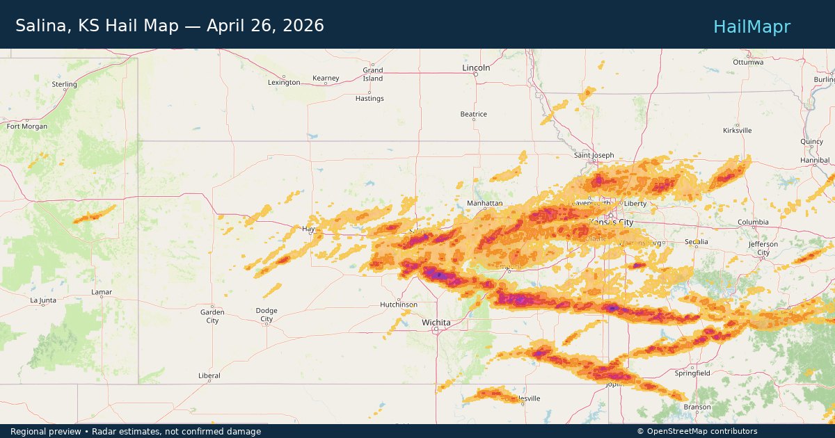 Salina, KS Hail Map — April 26, 2026 — regional heatmap and storm polygons