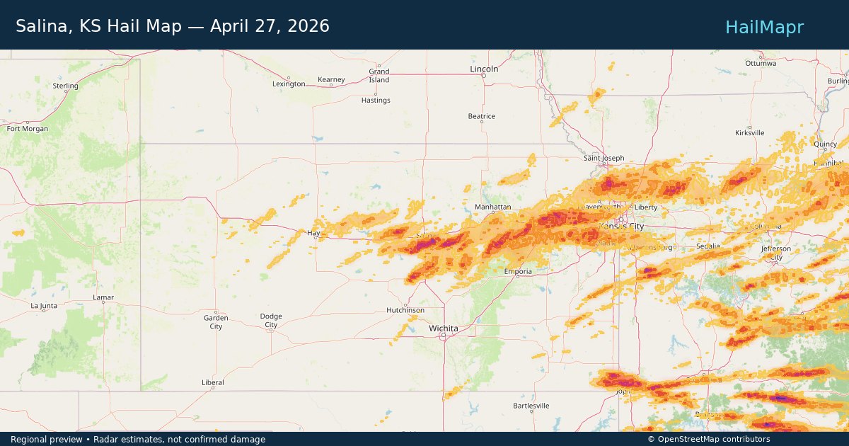 Salina, KS Hail Map — April 27, 2026 — regional heatmap and storm polygons