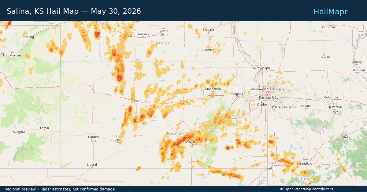 Salina, KS Hail Map — May 30, 2026 — regional heatmap and storm polygons