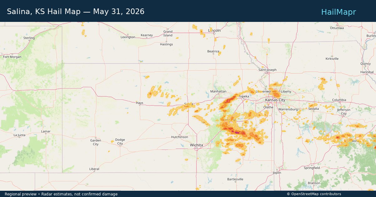 Salina, KS Hail Map — May 31, 2026 — regional heatmap and storm polygons