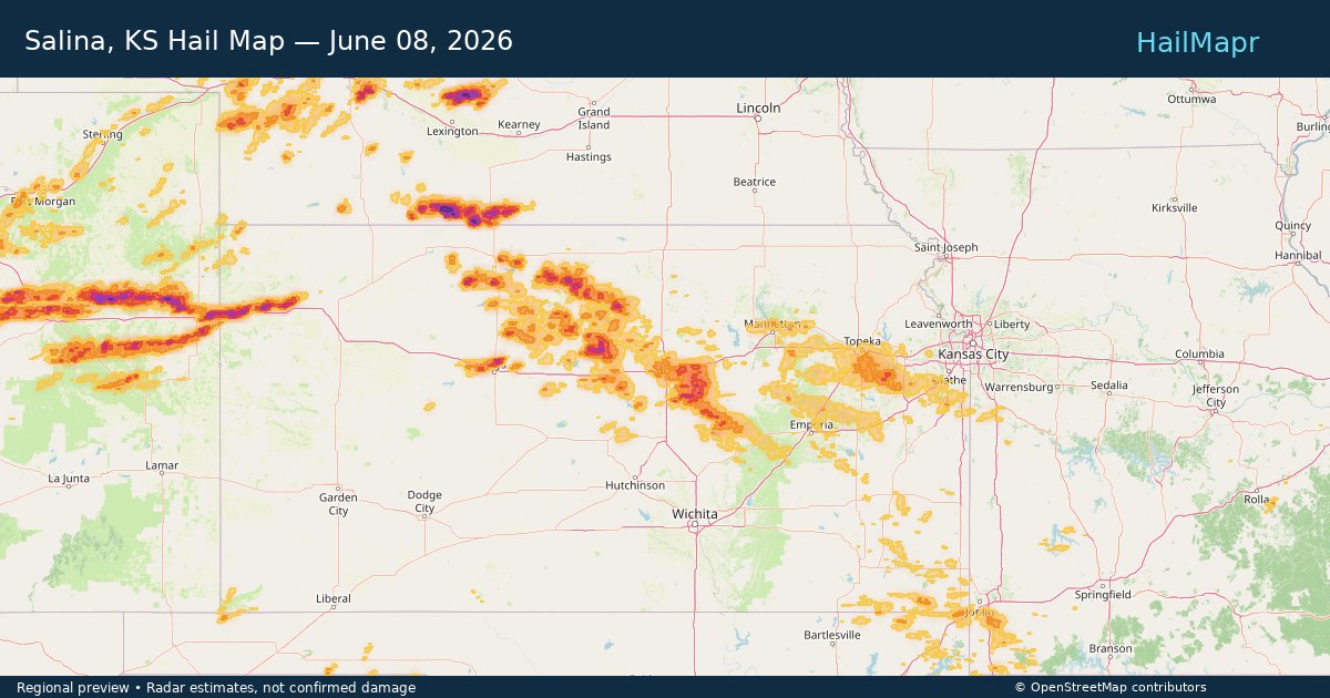Salina, KS Hail Map — June 08, 2026 — regional heatmap and storm polygons