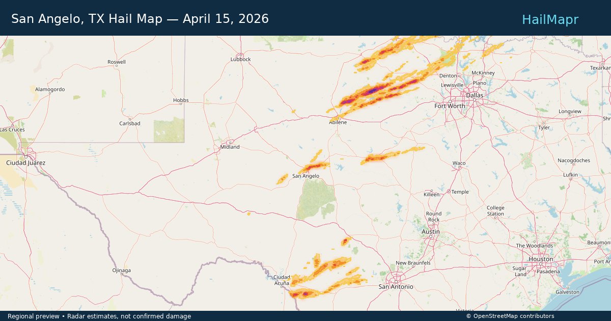 San Angelo, TX Hail Map — April 15, 2026 — regional heatmap and storm polygons