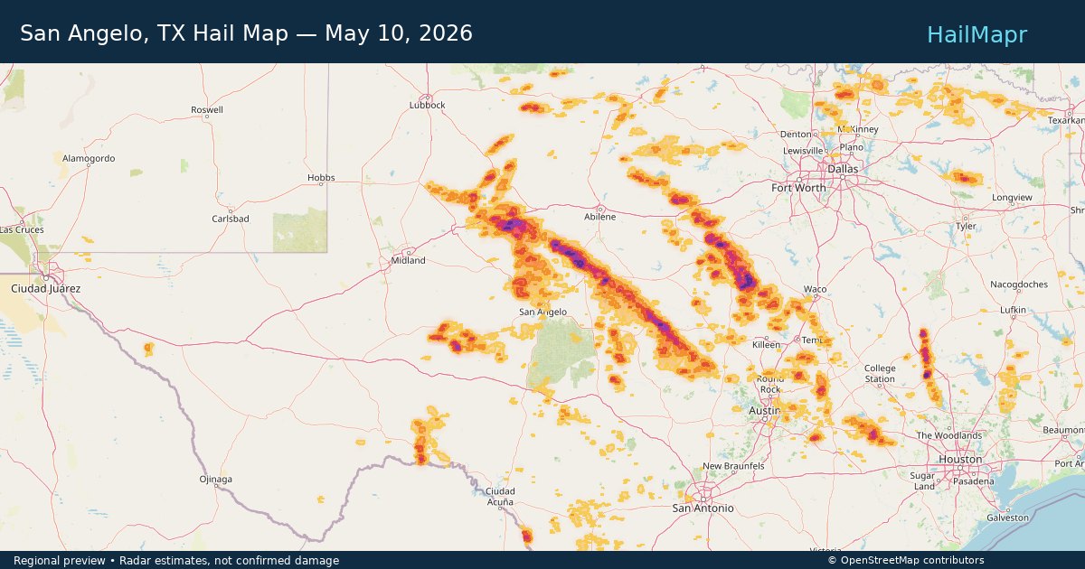 San Angelo, TX — May 10, 2026 — regional hail footprint preview