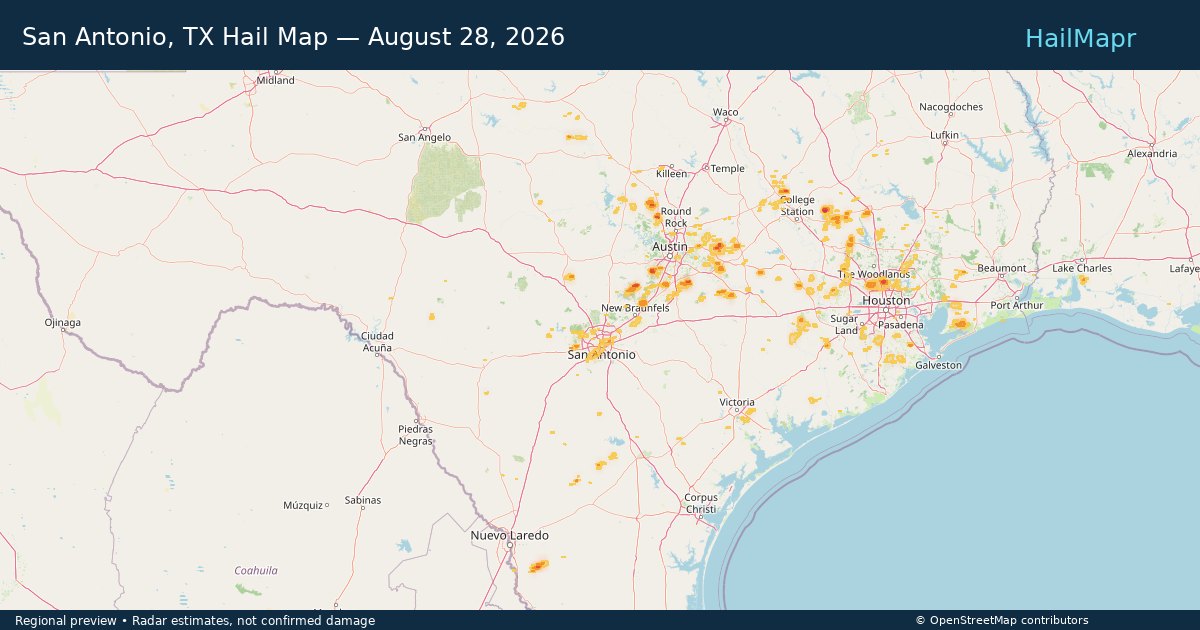 San Antonio, TX Hail Map — August 28, 2026 — regional heatmap and storm polygons