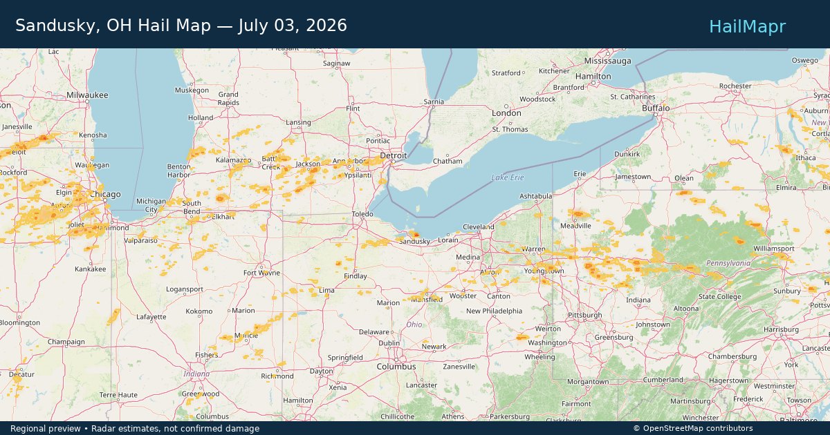 Sandusky, OH Hail Map — July 03, 2026 — regional heatmap and storm polygons