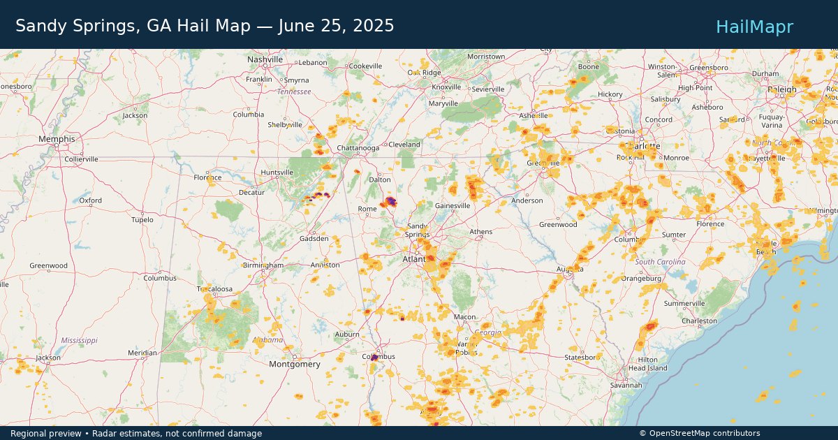 Sandy Springs, GA Hail Map — June 25, 2025 — regional heatmap and storm polygons