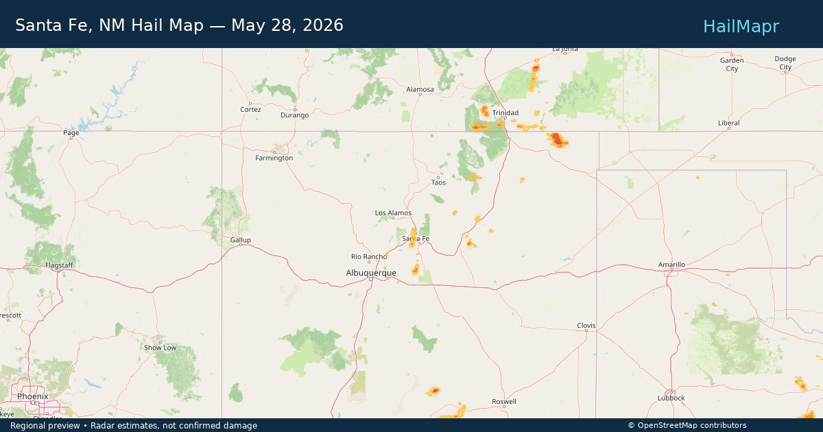 Santa Fe, NM Hail Map — May 28, 2026 — regional heatmap and storm polygons
