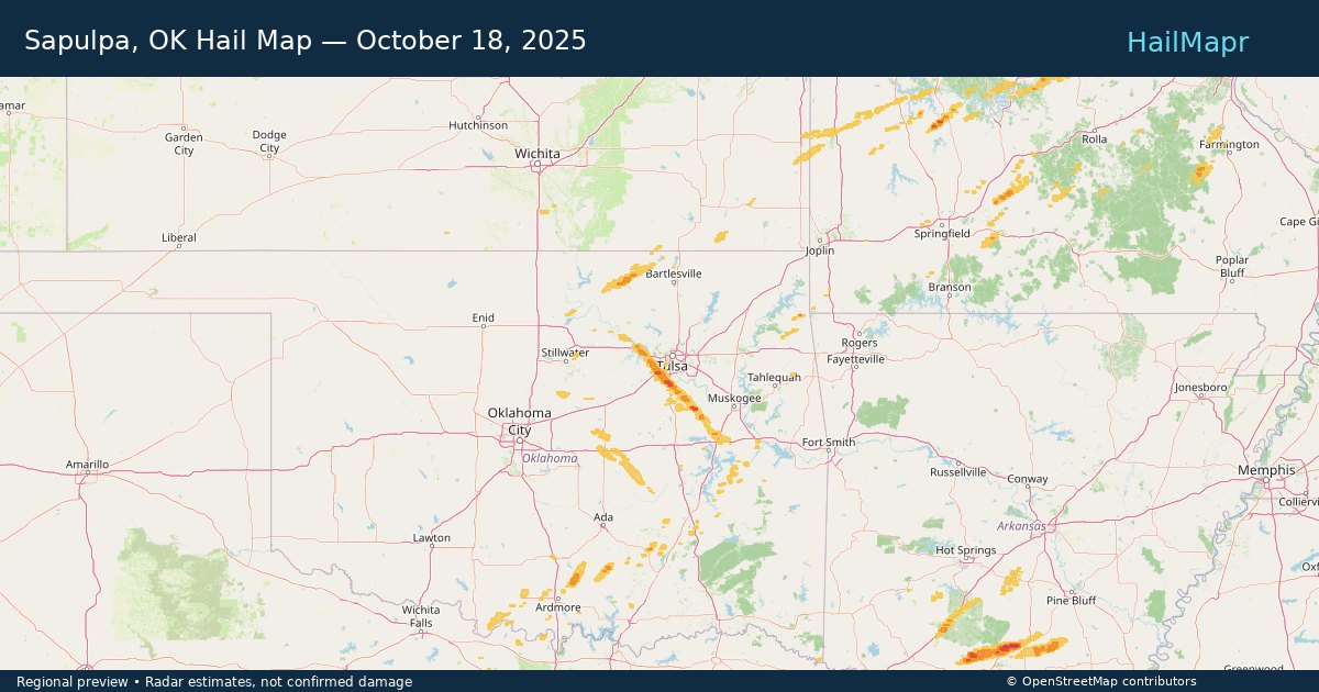 Sapulpa, OK Hail Map — October 18, 2025 — regional heatmap and storm polygons
