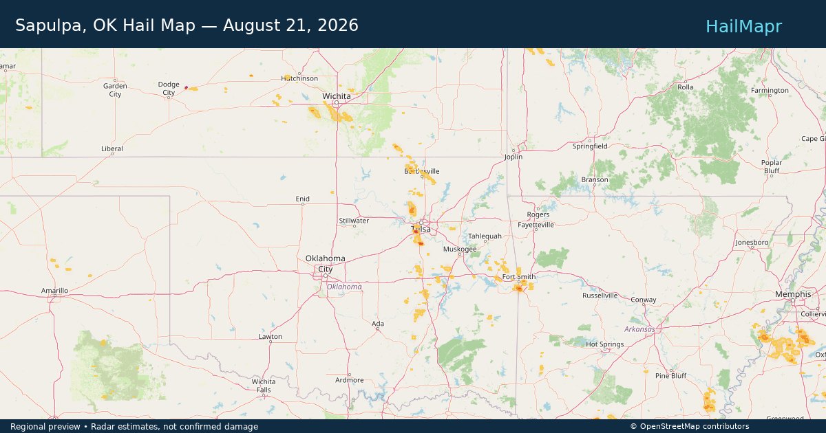 Sapulpa, OK Hail Map — August 21, 2026 — regional heatmap and storm polygons