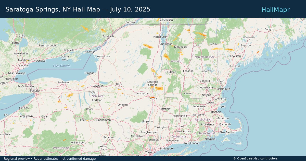 Saratoga Springs, NY Hail Map — July 10, 2025 — regional heatmap and storm polygons