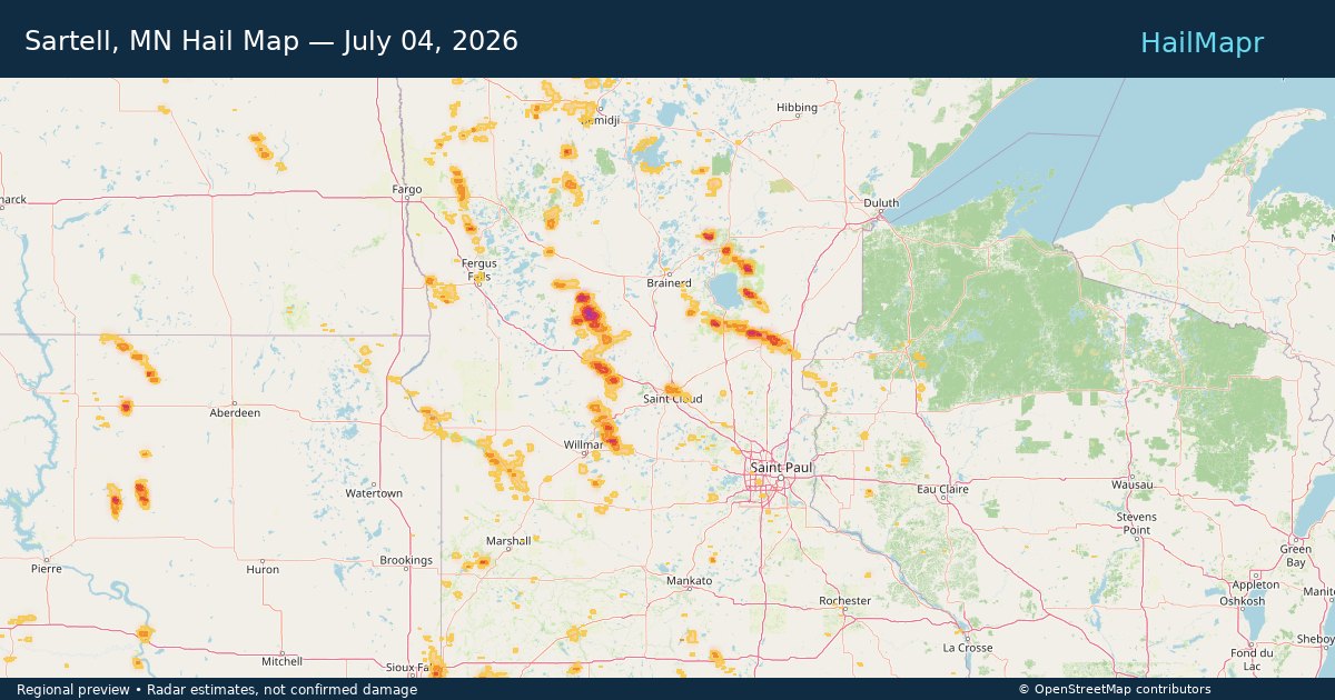 Sartell, MN Hail Map — July 04, 2026 — regional heatmap and storm polygons