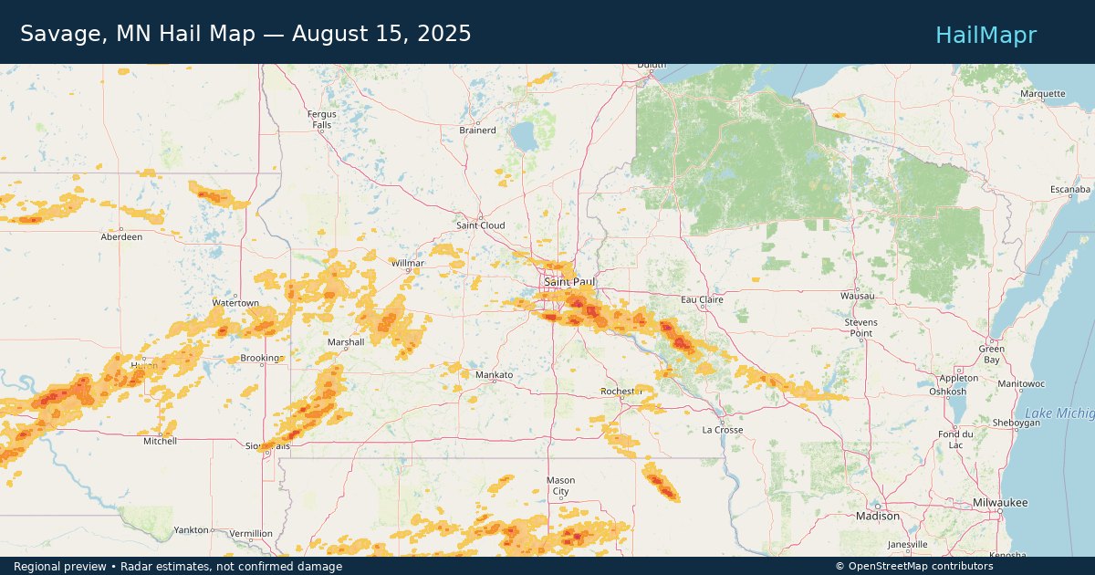 Savage, MN — August 15, 2025 — regional hail footprint preview