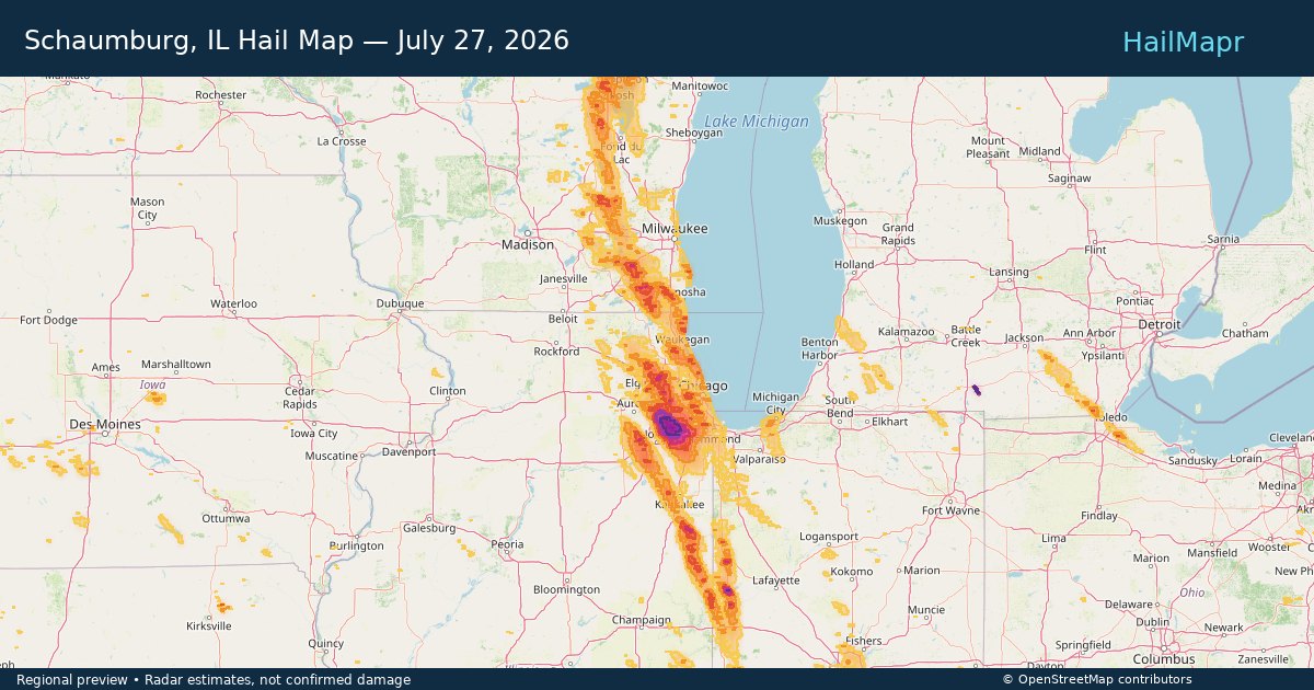 Schaumburg, IL Hail Map — July 27, 2026 — regional heatmap and storm polygons