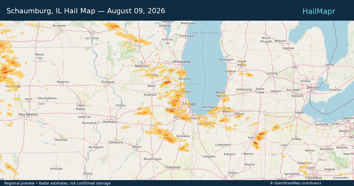 Schaumburg, IL Hail Map — August 09, 2026 — regional heatmap and storm polygons