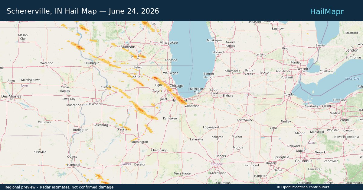 Schererville, IN — June 24, 2026 — regional hail footprint preview