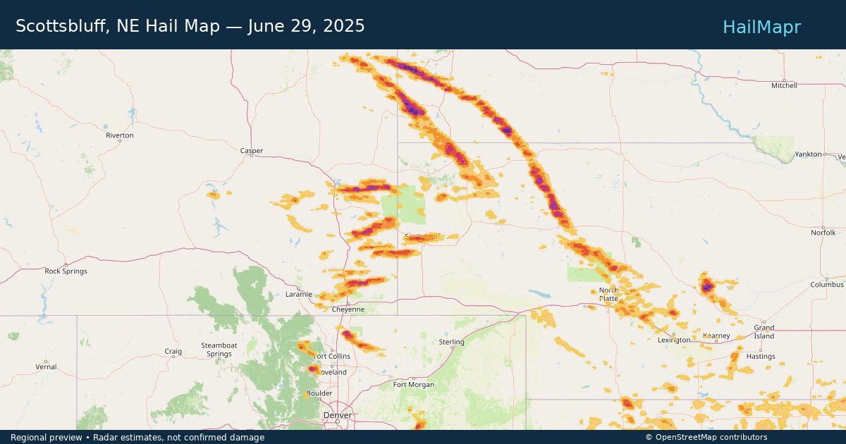 Scottsbluff, NE Hail Map — June 29, 2025 — regional heatmap and storm polygons