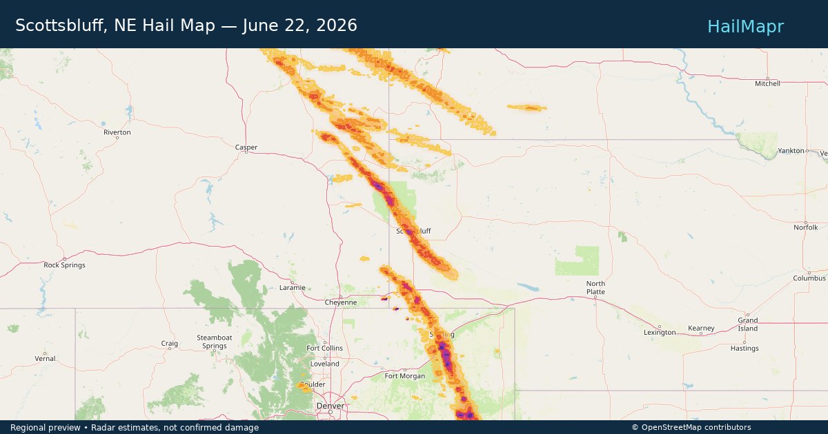 Scottsbluff, NE Hail Map — June 22, 2026 — regional heatmap and storm polygons