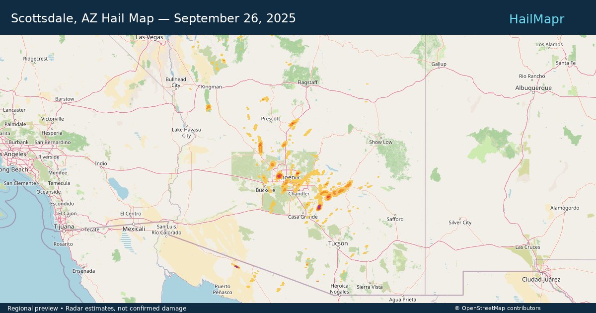 Scottsdale, AZ — September 26, 2025 — regional hail footprint preview