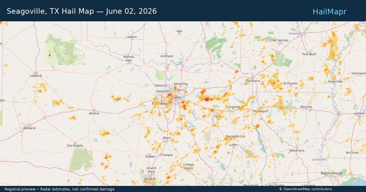 Seagoville, TX Hail Map — June 02, 2026 — regional heatmap and storm polygons
