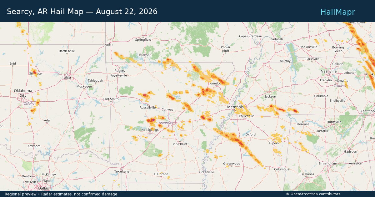 Searcy, AR — August 22, 2026 — regional hail footprint preview
