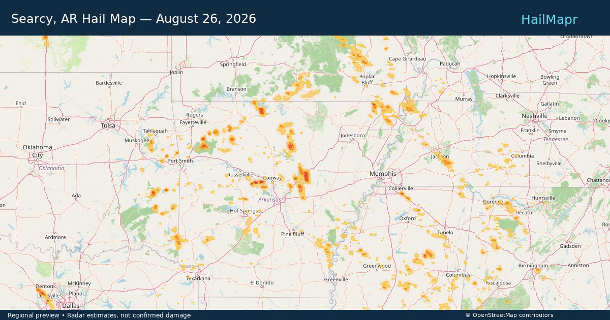 Searcy, AR Hail Map — August 26, 2026 — regional heatmap and storm polygons