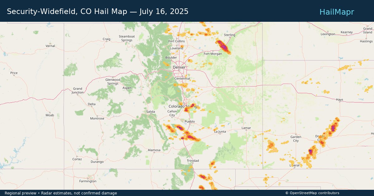 Security-Widefield, CO Hail Map — July 16, 2025 — regional heatmap and storm polygons