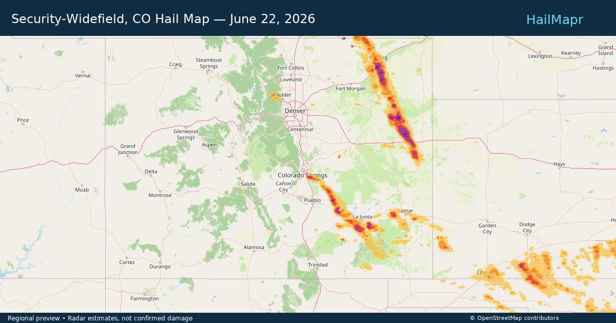 Security-Widefield, CO Hail Map — June 22, 2026 — regional heatmap and storm polygons