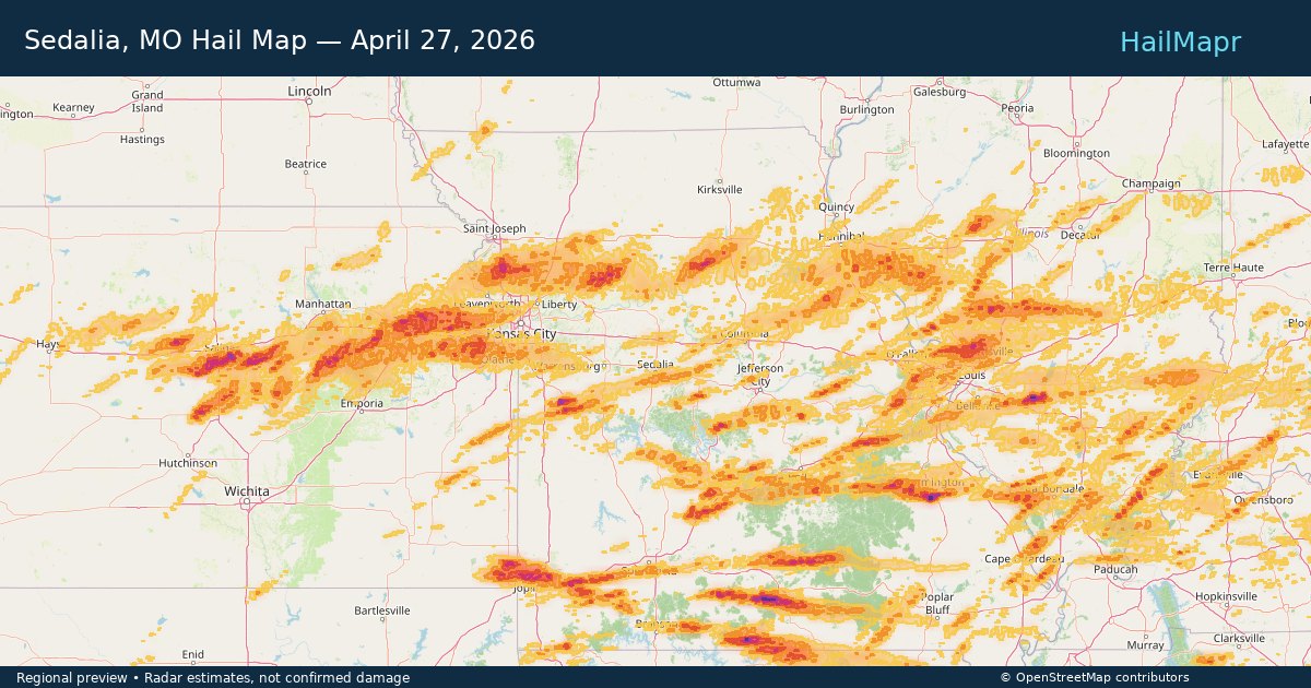 Sedalia, MO Hail Map — April 27, 2026 — regional heatmap and storm polygons