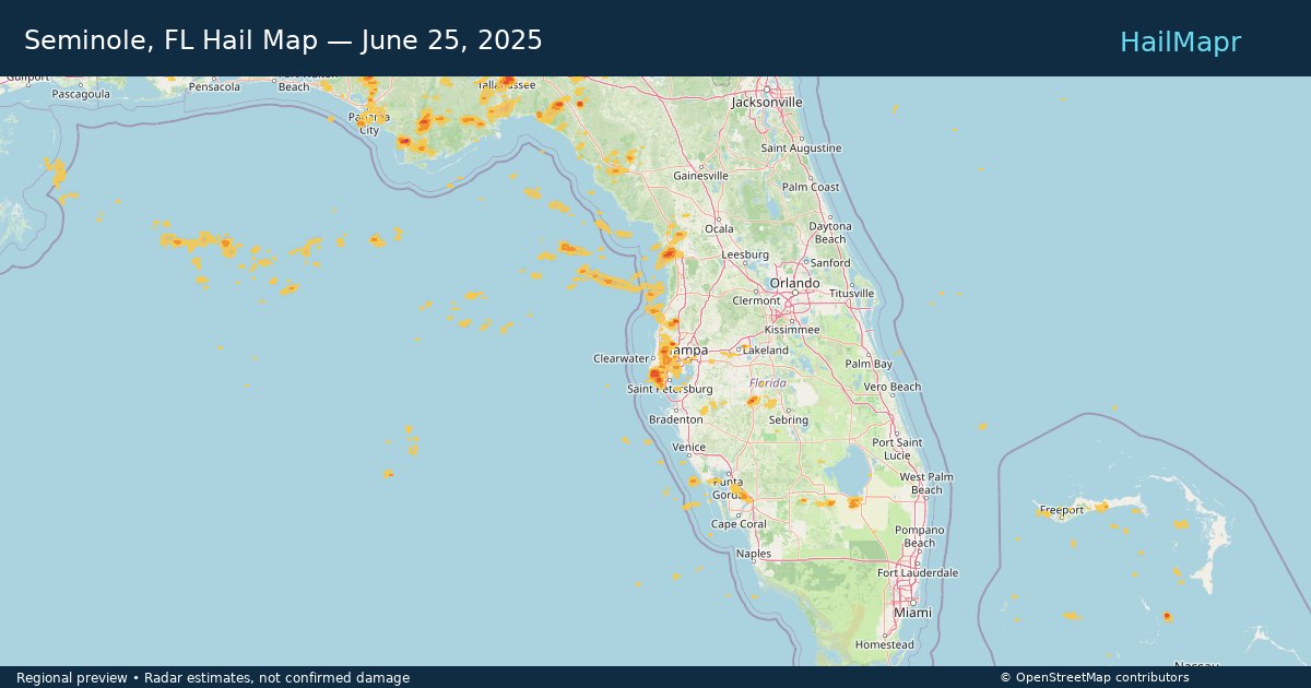 Seminole, FL Hail Map — June 25, 2025 — regional heatmap and storm polygons