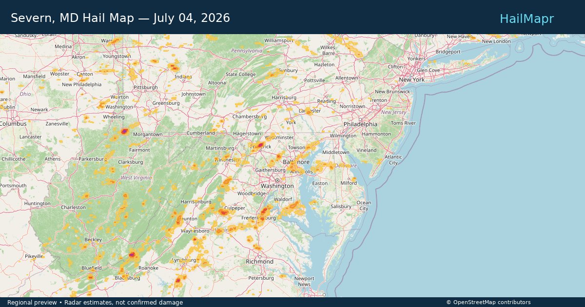 Severn, MD Hail Map — July 04, 2026 — regional heatmap and storm polygons