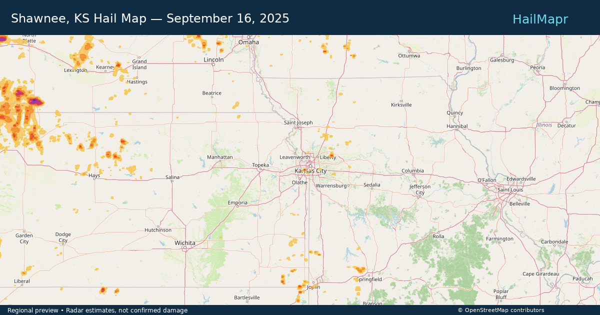 Shawnee, KS Hail Map — September 16, 2025 — regional heatmap and storm polygons