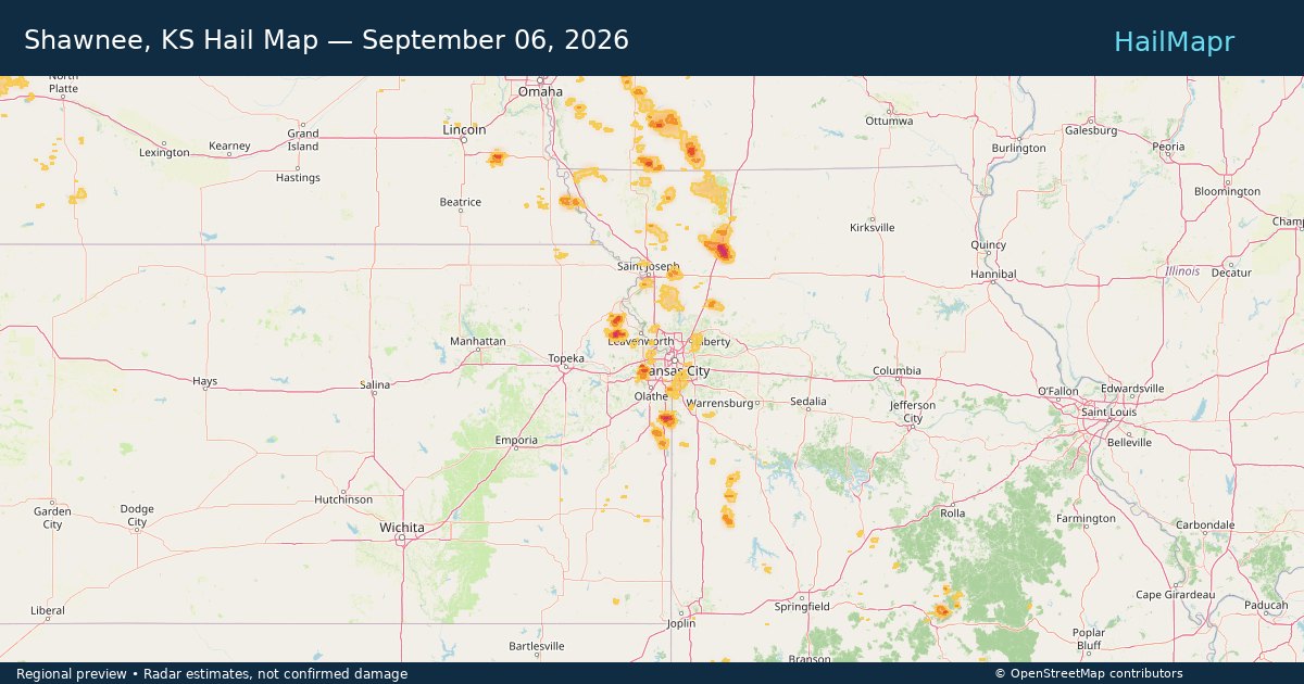 Shawnee, KS Hail Map — September 06, 2026 — regional heatmap and storm polygons